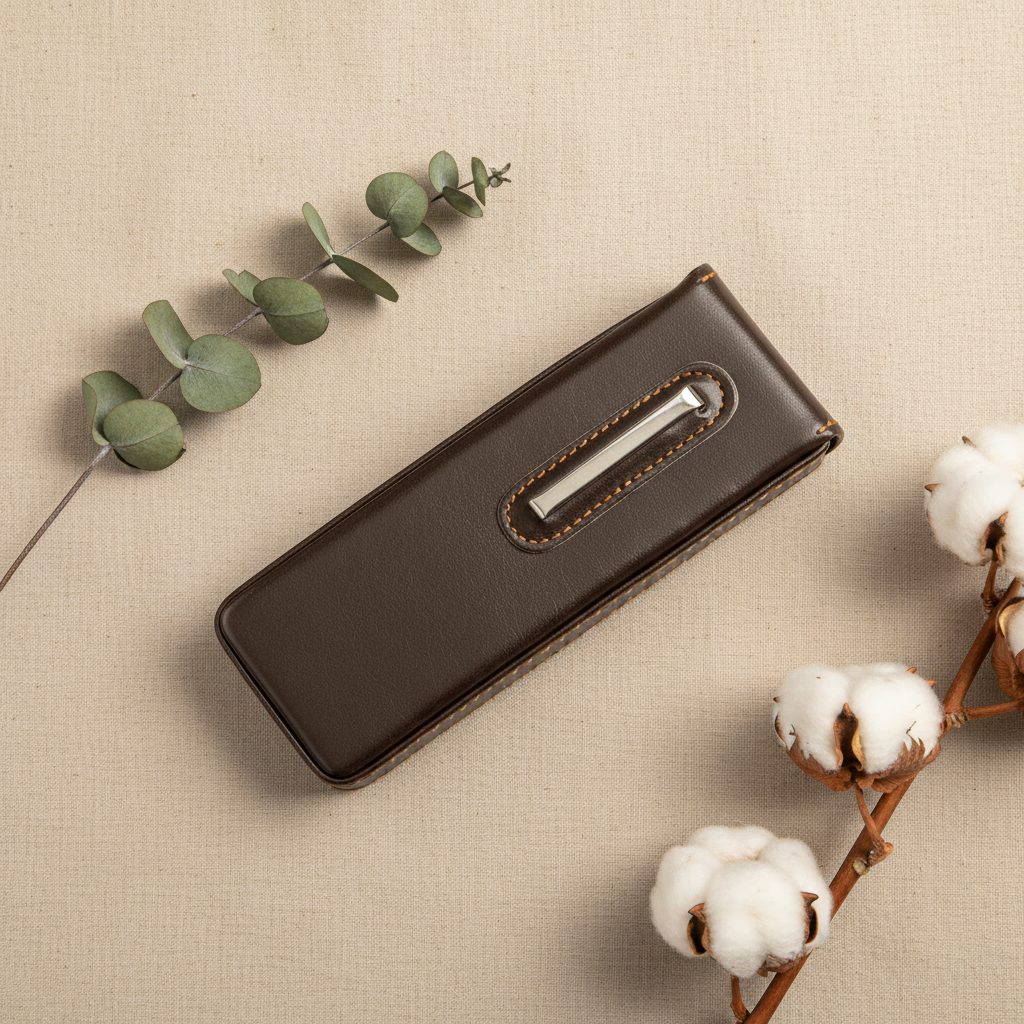 Bruin leren etui met eucalyptus en katoen
