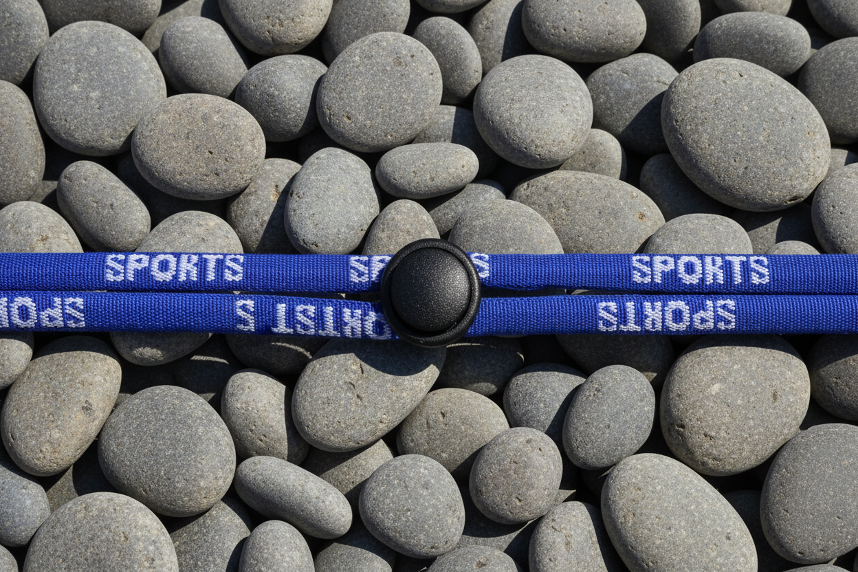 Blauw SPORTS koord ingezoomd op kiezels