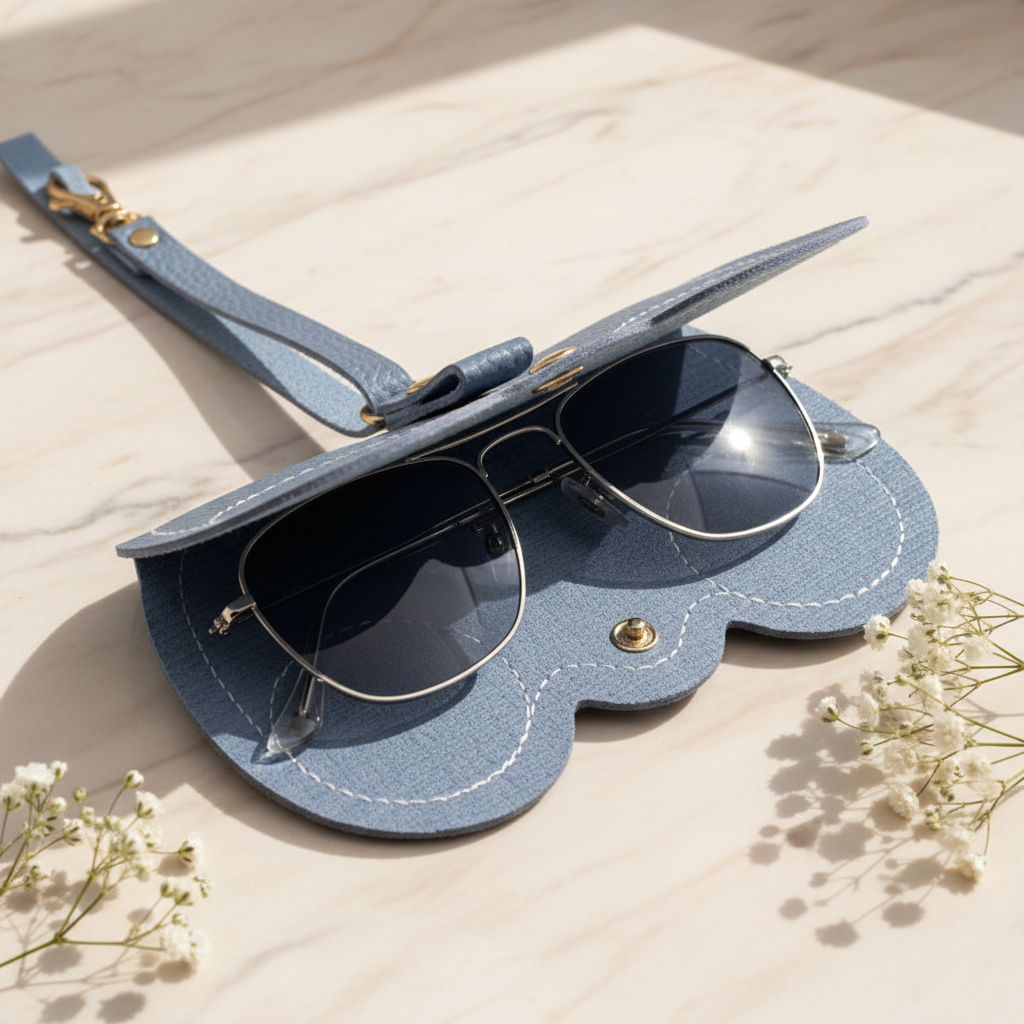 Blauwe etui open met zonnebril