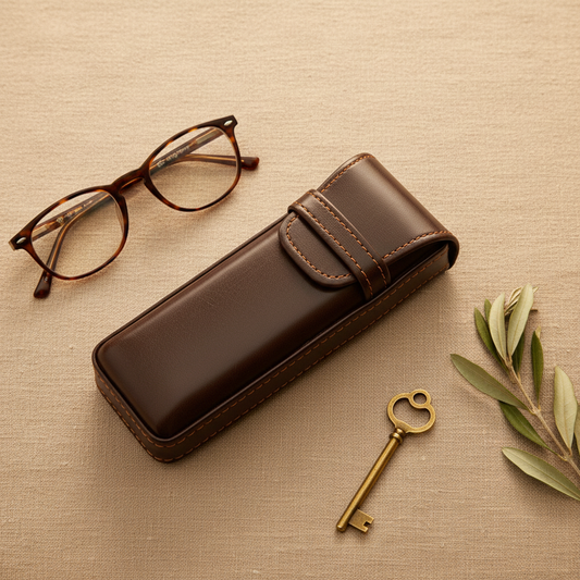 Donkerbruin leren etui flat lay