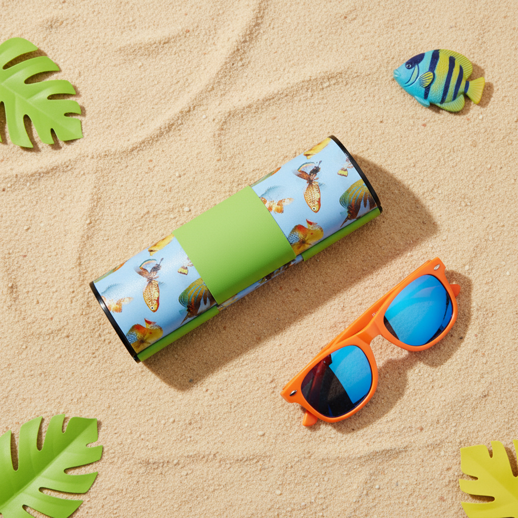 Tropisch vissen etui flat lay zand